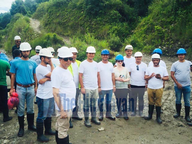 Staffers of Himalayan Power Partner Ltd pose for photo after a breakthrough in the construction of the main tunnel (2,780 metres) at the site of Dordikhola Hydropower Project, in Lamjung, on Wednesday, September 4, 2019. Photo: Ramji Rana/THT