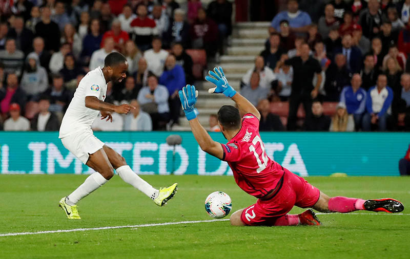 Kosovo's Aro Muric makes a save from England's Raheem Sterling during the Euro 2020 Qualifier Group A match between England and Kosovo, at St Mary's Stadium, in Southampton, Britain, on September 10, 2019  . Photo: Action Images via Reuters
