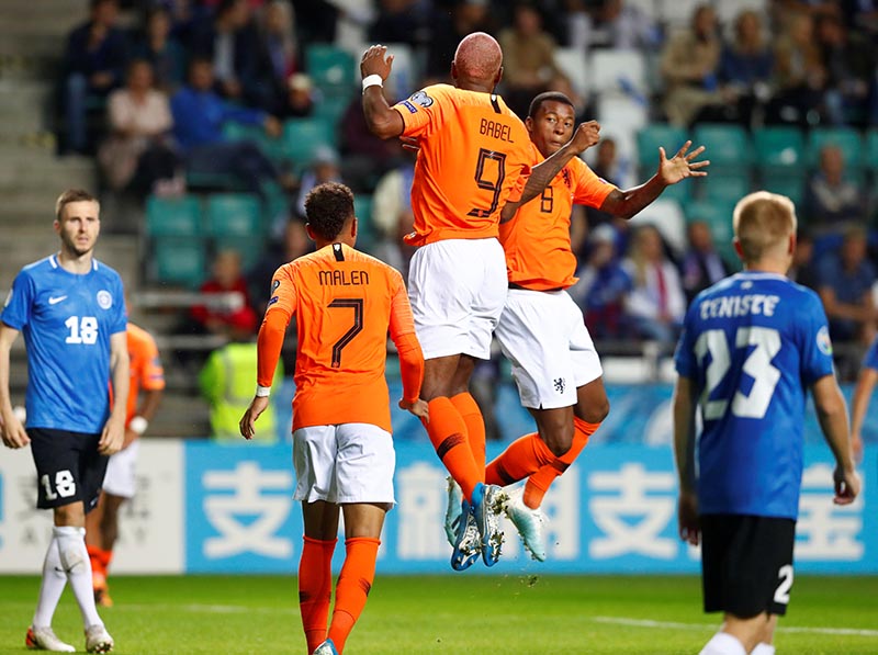 Netherlands' Ryan Babel celebrates scoring their second goal with Georginio Wijnaldum during the Euro 2020 Qualifier Group C match between Estonia and Netherlands, at A. Le Coq Arena, in Tallinn, Estonia, on September 9, 2019. Photo: Reuters