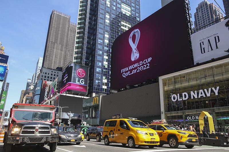 An electronic billboard displays a FIFA World Cup Qatar 2022 soccer logo, Tuesday, Sept. 3, 2019, in New York's Times Square. Photo: AP