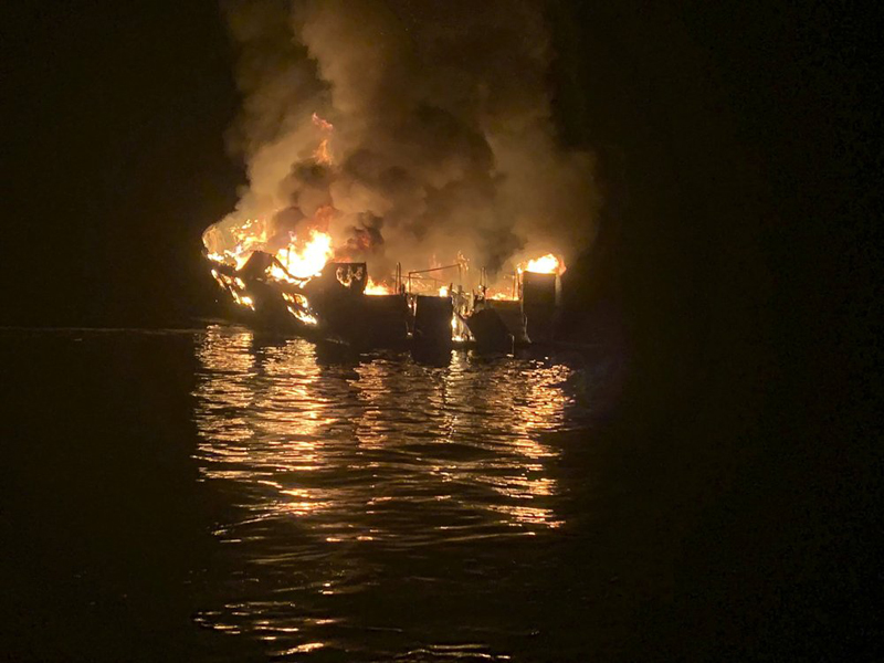In this photo provided by the Santa Barbara County Fire Department, a dive boat is engulfed in flames after a deadly fire broke out aboard the commercial scuba diving vessel off the Southern California Coast, Monday morning, September 2, 2019. Photo: AP
