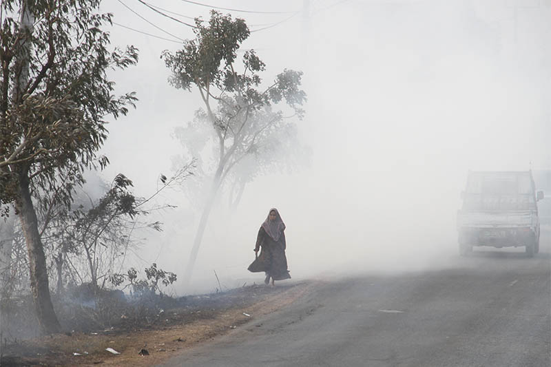 FILE: A woman walks along the road covered in smog due to the forest fire in Banjarbaru, South Kalimantan province, Indonesia, September 6, 2019. Photo: Reuters