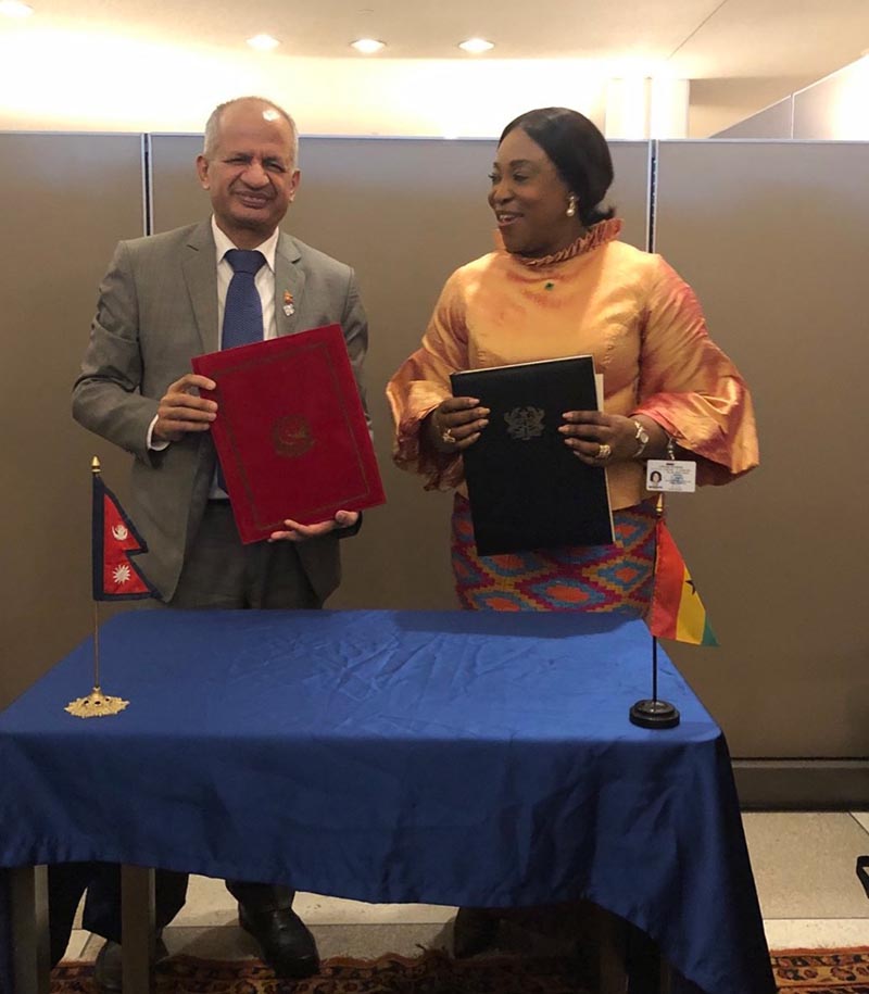 Foreign Minister Pradeep Kumar Gyawali and Foreign Minister of Ghana Shirley Ayorkor Botchwey sign a Joint Communiquu00e9 establishing diplomatic ties, in New York, United States, on September 25, 2019. Photo Courtesy: MoFA Nepal/Twitter
