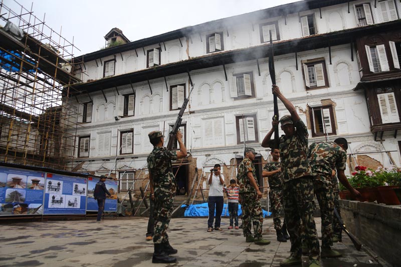 Nepali Army personnel firing cannon on the auspicious occasion of Ghatasthapana, the first day of Bada Dashain, in Hanumandhoka, Kathmandu, September 29, 2019. Photo: RSS