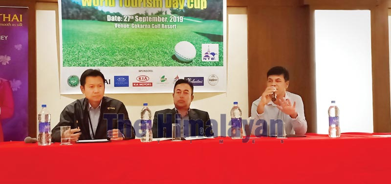 Youth Development Director of NGA Deepak Acharya speaks as Thai Airways GM Narintorn Sukkaseam (left) and NGA vice-president Pavitra Kumar Karki (centre) look on during a press meet in Kathmandu. Photo: THT