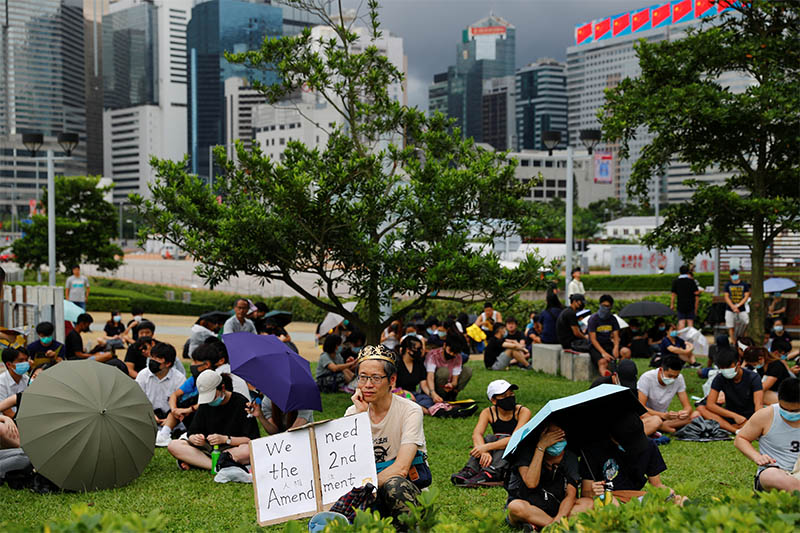 People take part in a general strike at Tamar Park in front of the government buildings in Hong Kong, China September 3, 2019. Photo: Reuters