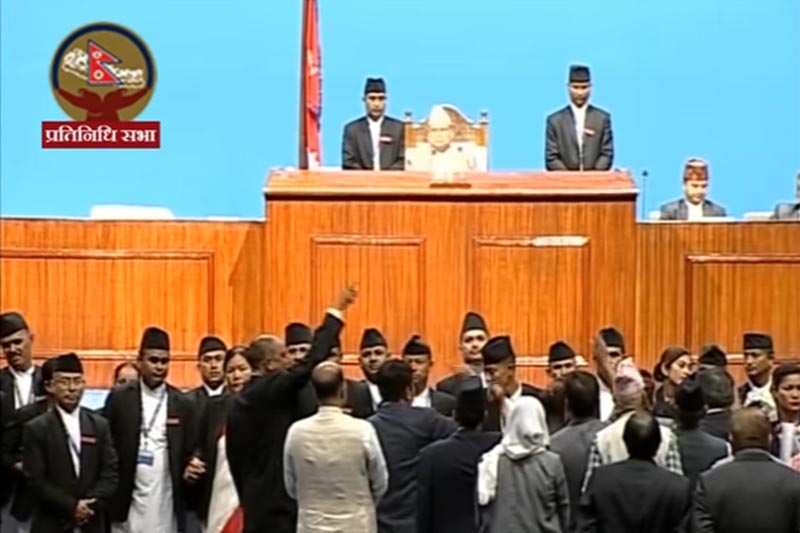 Nepali Congress lawmakers obstruct the proceedings of the House of Representatives in New Baneshwor, Kathmandu, on Monday, September 16, 2019. Photo: Screenshot of Parliament live video/Youtube
