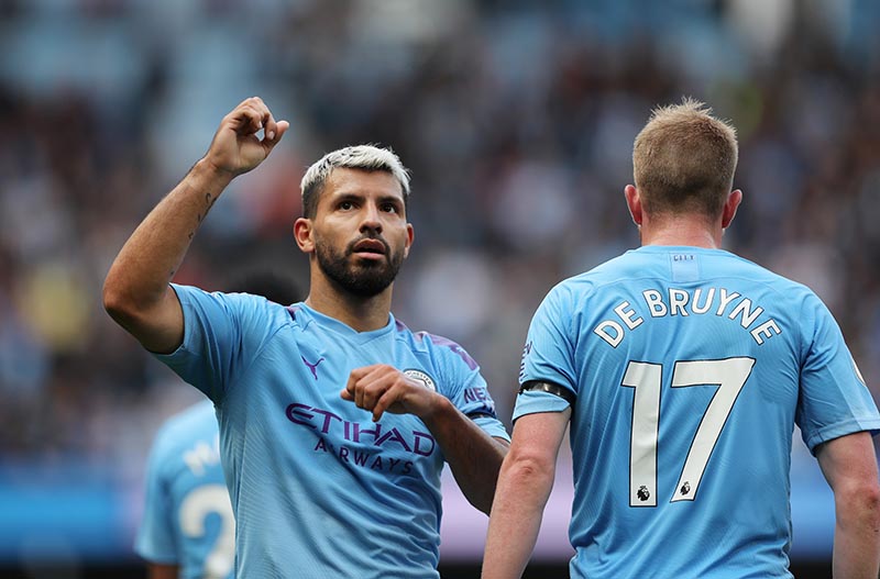 Manchester City's Sergio Aguero celebrates scoring their second goal with Kevin De Bruyne during the Premier League match between Manchester City and Brighton &amp; Hove Albion, at Etihad Stadium, in Manchester, Britain, on August 31, 2019. Photo: Action Images via Reuters