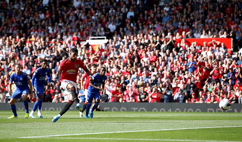 Manchester United's Marcus Rashford scores their first goal from the penalty spot during the Premier League, at Manchester United and Leicester City, at Old Trafford, in Manchester, Britain, on September 14, 2019. Photo: Reuters