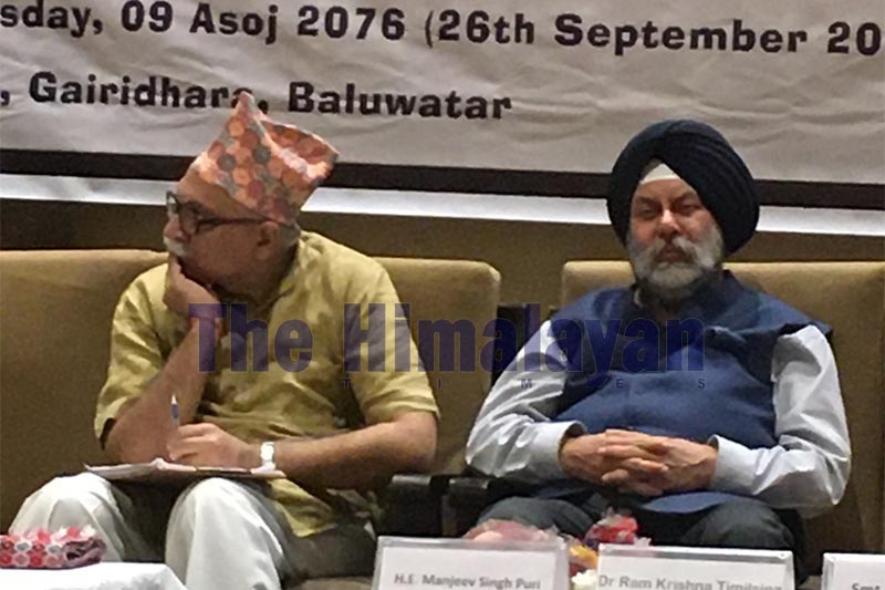 Ambassador of India to Nepal Manjeev Singh Puri (right) and Arun Kumar, publicity chief of the RSS, participating in an interaction organised by Neeti Anusandhan Pratishthan Nepal and National Law College, in Kathmandu, on Thursday, September 26, 2019. Photo: THT
