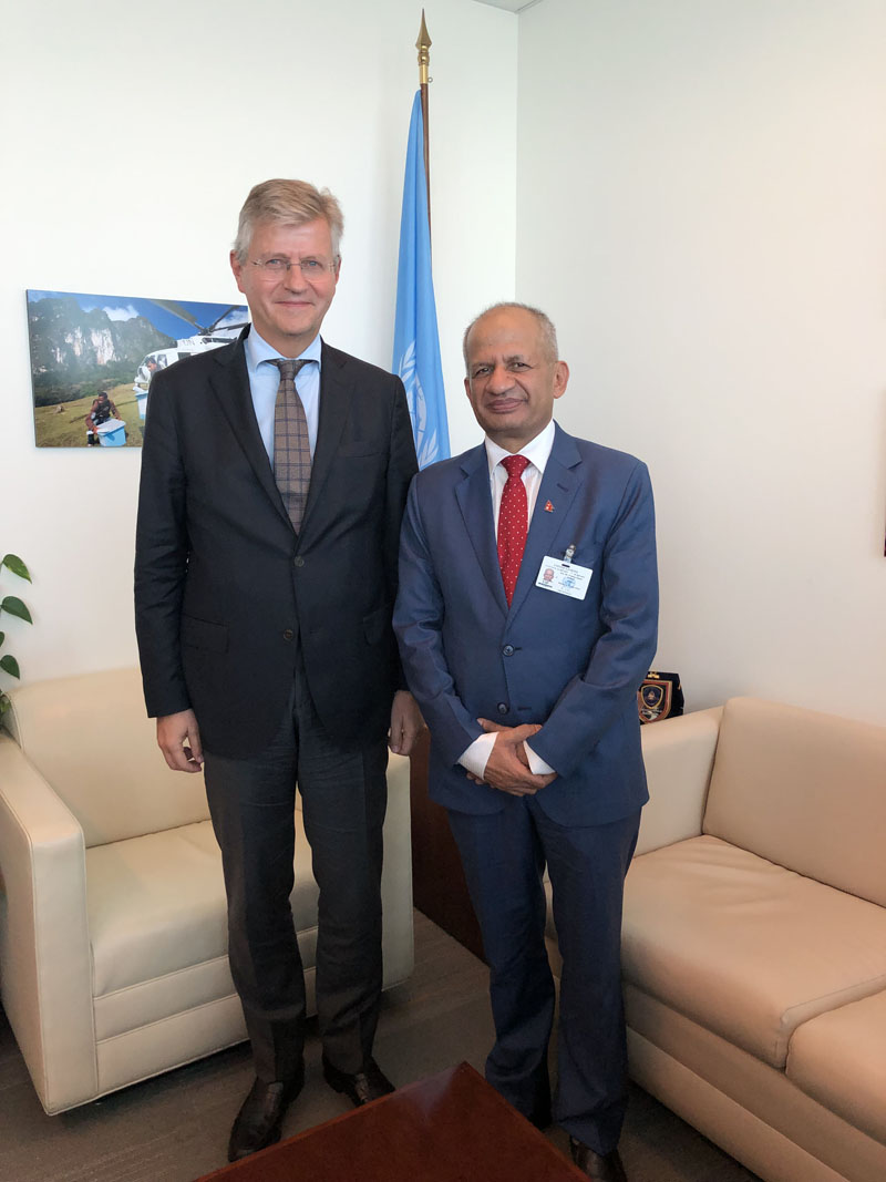 Foreign Minister Pradeep Gyawali in a meeting with Under Secretary General of the UN Department of Peace Operations, Jean-Pierre Lacroix . Photo: RSS