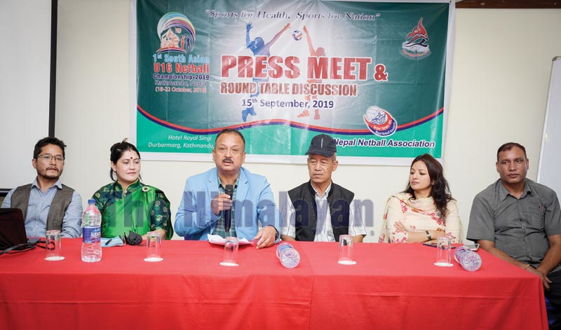 NNA President Mohan Bahadur Basnet speaks as others look on during a press meet in Kathmandu on Sunday, September 15, 2019. Photo: Naresh Shrestha / THT