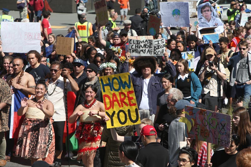 Thousands of people march on Parliament to protest climate change in Wellington, New Zealand, Friday, September 27, 2019. Photo: AP