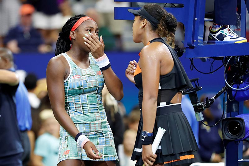 Naomi Osaka of Japan (R) talks with Coco Gauff of the United States (L) after their match in the third round on day six of the 2019 US Open tennis tournament at USTA Billie Jean King National Tennis Center, in Flushing, NY, USA, on Aug 31, 2019. Photo: Geoff Burke-USA TODAY Sports