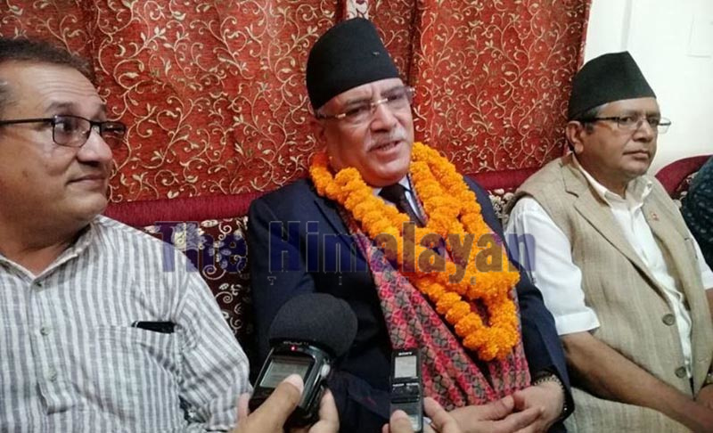 Nepal Communist Party (NCP) Co-chair Pushpa Kamal Dahal speaking at a press meet at Biratnagar airport, Morang, on Sunday. Photo: THT