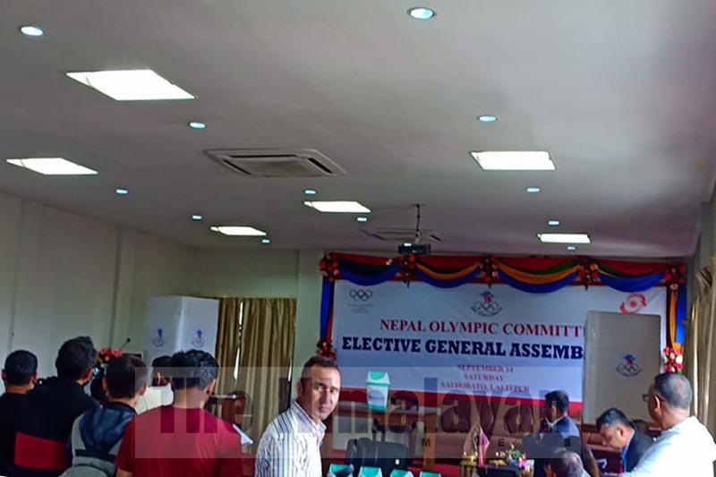Representatives from International Olympic Committee and Olympic Council of Asia among candidates and members take part in Elective General Assembly of Nepal Olympic Committee, in Satdobato, Lalitpur. on Saturday, September 14, 2019. Photo: Mahesh Acharya/THT