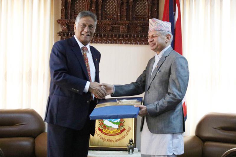 Non-residential Ambassador of the Philippines to Nepal Ramon S Bagatsing Jr (left) pays courtesy call on Minister for Foreign affairs Pradeep Kumar Gyawali, in Singha Durbar, Kathmandu, on Thursday, September 12, 2019. Photo courtesy: MoFANepal/Twitter