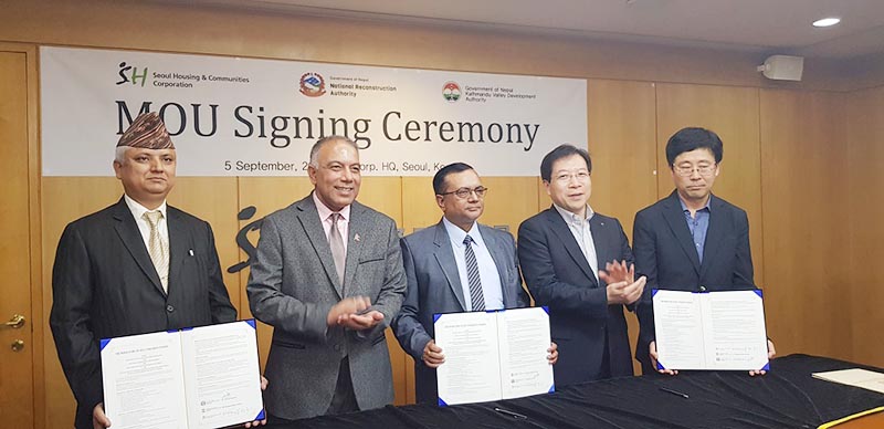 National Reconstruction Authority and Kathmandu Valley Development Authority signed memorandum of understanding with Seoul Housing and Communities in Seoul, South Korea, on Friday, September 6, 2019. Project Director of the NRA's Central Level Project Implementation Unit (Buildings) Naba Raj Pyakurel, on behalf of Nepal and Executive Director of SH Corporation Hyung Gu Kang, on behalf of Korea signed the MoU in presence of NRA Chief Executive Officer Sushil Gyewali, Chief Executive Office of SHCS Kim Seiyong. Photo courtesy: NRA