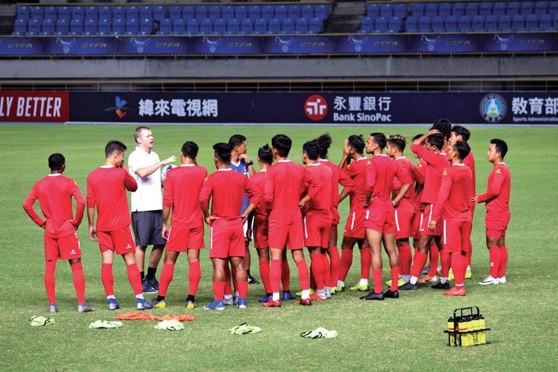 Nepal national football team head coach Johan Kalin lending lesson to players during a training session in Taipei on Sunday, September 8, on the eve of their 2022 FIFA World Cup Preliminary Competition and 2023 AFC Asian Cup Qualifiers match against Chinese Taipei. Photo Courtesy: NSJF