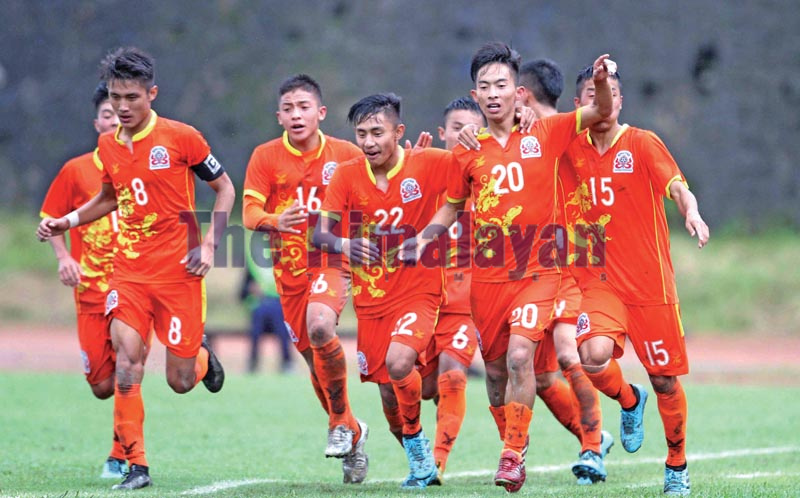 Players of Bhutan celebrate a goal against Nepal during their SAFF U-18 Championship match in Kathmandu on Sunday. Photo: Udipt Singh Chhetry / THT