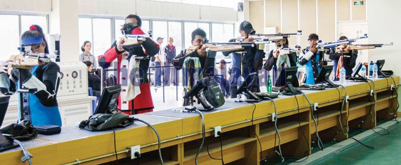 Shooters aim target in 10 metres air rifle during training session at shooting range, International Sports Complex in Satdobato, Lalitpur on Monday, September 9, 2019 . Photo: Udipt Singh Chhetry/THT