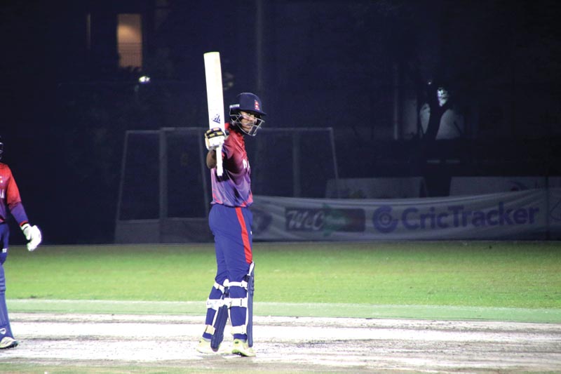 Nepal skipper Paras Khadka celebrates after scoring a century against Singapore during their Singapore T20 Tri-series match at the Indian Association Ground in Singapore on Saturday, September 28, 2019. Photo courtesy: Raman Shiwakoti