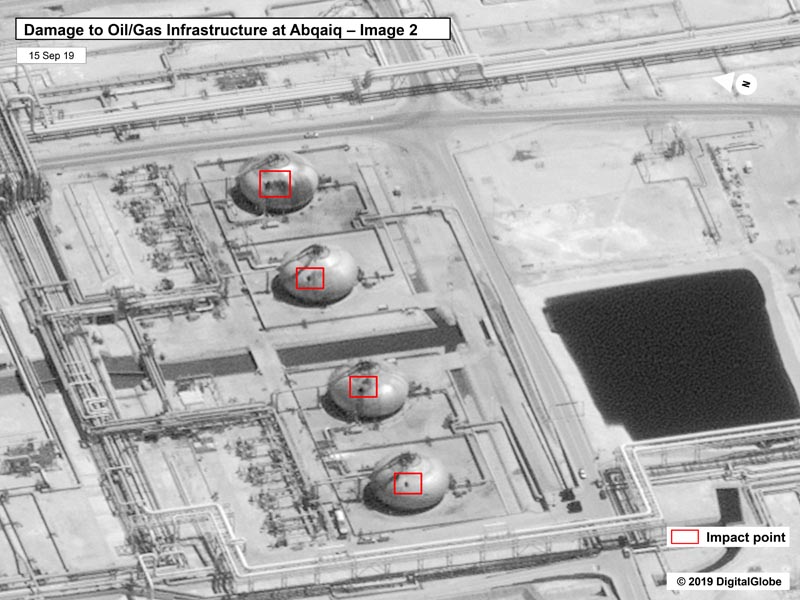 This image provided on Sunday, September 15, 2019, by the US government and DigitalGlobe and annotated by the source, shows damage to the infrastructure at Saudi Aramco's Abaqaiq oil processing facility in Buqyaq, Saudi Arabia. Photo: US government/Digital Globe via AP