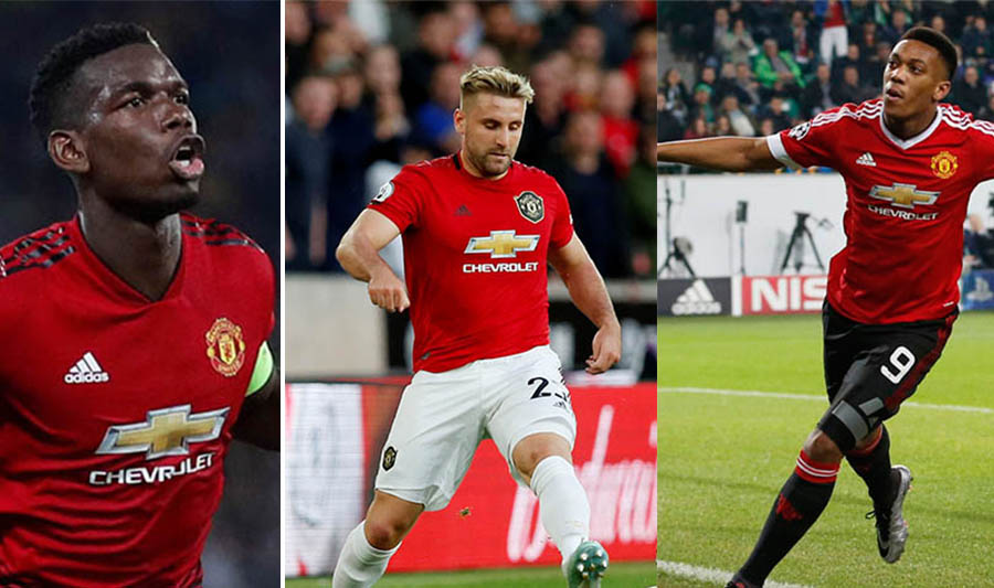 File: Manchester United's midfielder Paul Pogba (left) defender Luke Shaw (centre) and striker Anthony Martial. Photos: Reuters