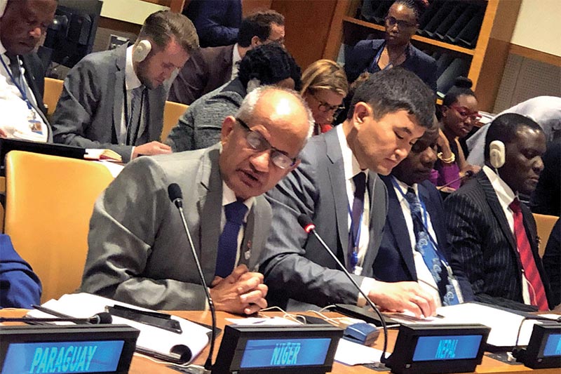 Minister of Foreign Affairs Pradeep Kumar Gyawali addressing the annual ministerial meeting of Landlocked Developing Countries at United Nationals General Assembly, in New York, on Thursday, September 26, 2019. Photo: THT