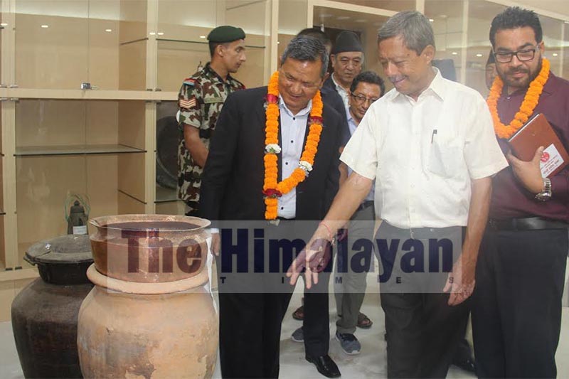 Gandaki Province Chief Minister Prithivi Subba Gurung observing a museum of Newar Community at Nadipur in Pokhara, on Monday, September 9, 2019. Photo: THT