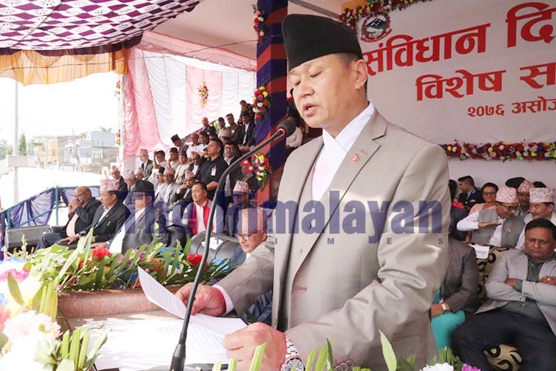 Province 1 Chief Minister Sherdhan Rai addressing a programme organised to mark Constitution Day at Martyrsu2019 Stadium in Biratnagar, on Friday, September 20, 2019. Photo: THT