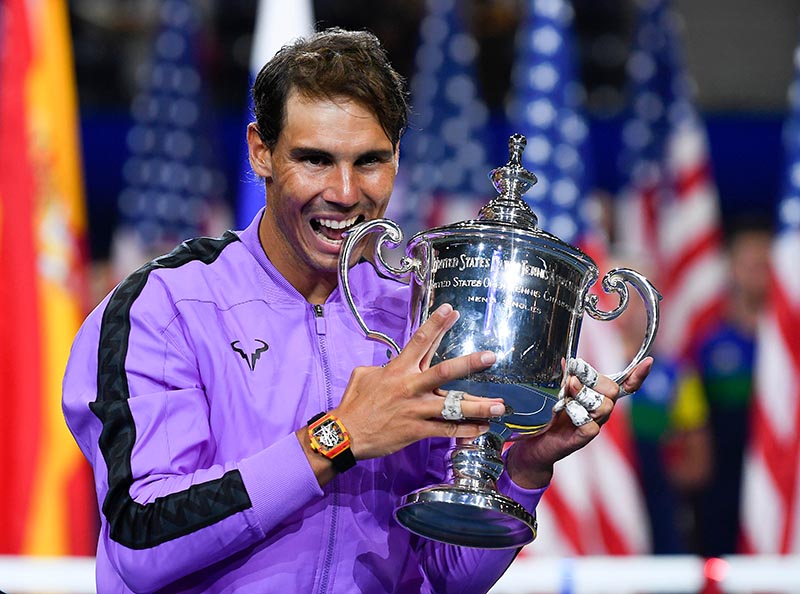 Rafael Nadal of Spain celebrates with the championship trophy after beating Daniil Medvedev of Russia in the menu2019s singles final on day fourteen of the 2019 US Open tennis tournament at USTA Billie Jean King National Tennis Center, in Flushing, NY, USA, on Sept 8, 2019. Photo: Robert Deutsch-USA TODAY Sports via Reuters