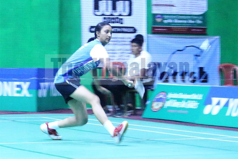 Rashila Maharjan returns to Jessica Gurung during their Yonex Sunrise ninth Pushpalal Memorial National Ranking Badminton Championship match  in Itahari on Friday, September 13, 2019. Photo: THT