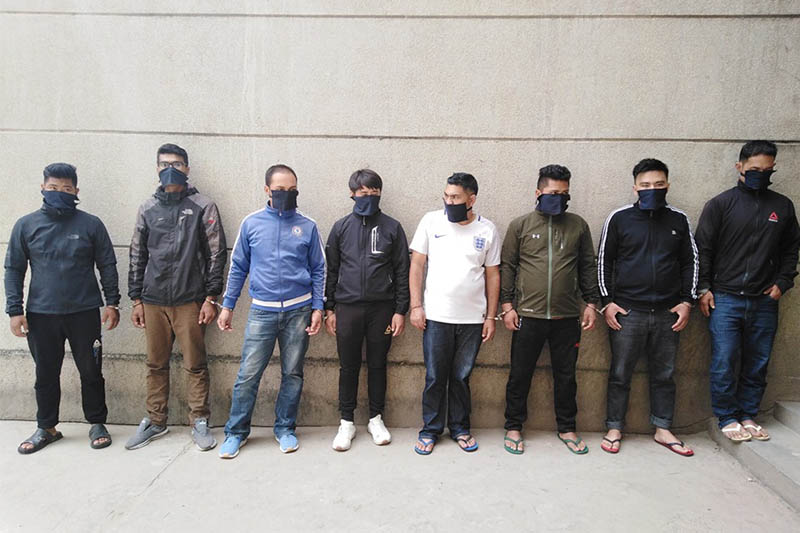 The alleged robbers being made public at the Metropolitan Police Range in Kathmandu, on Sunday, September 08,2019. Courtesy: MPR