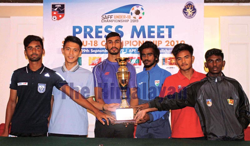 Skippers of six countries take a group photo with the trophy of SAFF U-18 Championship during pre-match press conference, in Kathmandu, on Thursday, September 19, 2019. Photo: THT