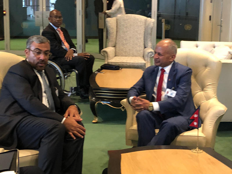 Minister for Foreign Affairs Pradeep Kumar Gyawali talks with UAE Minister of State for Foreign Affairs Anwar Bin Mohammad Gargash during a meeting at UN Head Office in New York on Monday, September 23, 2019. Photo: RSS