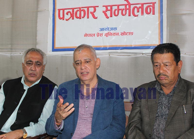 Nepali Congress General Secretary Shashank Koirala speaking at a press meet in Khotang, on Wednesday, September 25, 2019. Photo: THT