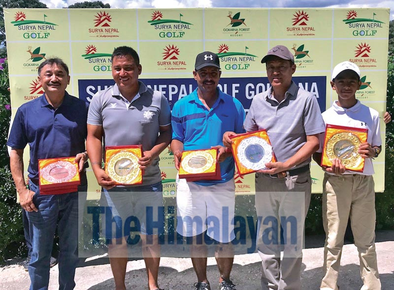 (From left) Pradeep Kumar Shrestha, Dawa Sonam Sherpa, Surendra Phuyal, Tendi Sherpa and Sadbhav Acharya hold their trophies after the Surya Nepal Gokarna Monthly Medal at the Gokarna Golf Club in nKathmandu on Saturday, September 7, 2019.