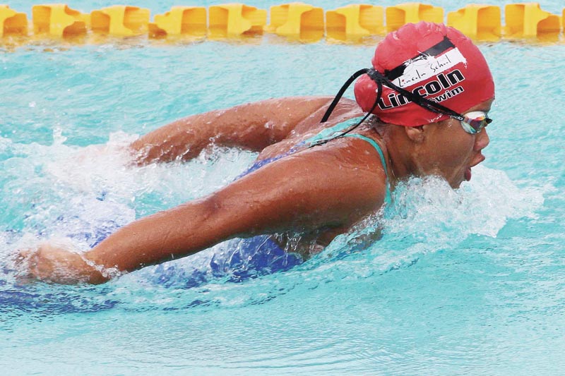 Tisha Shakya of Lincoln School swims during the womenu0092s 200m butterfly of the ninth NSA Swimming Championship in Lalitpur on Wednesday, September 11, 2019. Photo: Udipt Singh Chhetry / THT