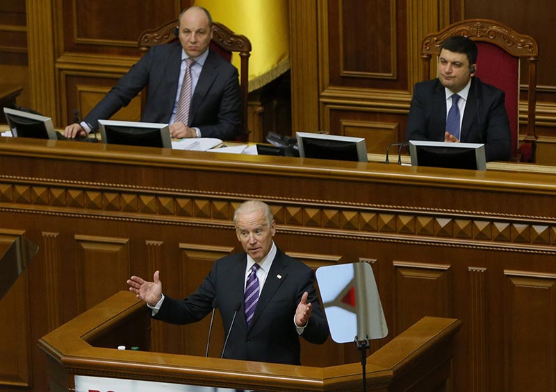 US Vice President Joe Biden addresses the Ukraine Parliament in Kyiv, Ukraine. Ukrainian President Volodymyr Zelenskiy's first 100 days in power were marked by his efforts to advance a peaceful solution to the armed conflict in the country's east, fomented by Russia. File Photo: AP
