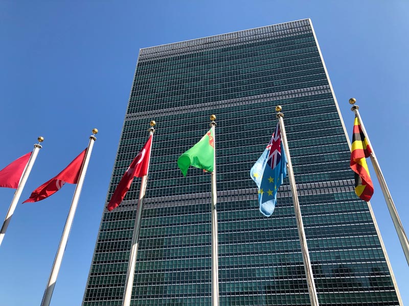 Flags fly outside the United Nations headquarters during the 74th session of the UN General Assembly, Saturday, September 28, 2019. Photo: AP