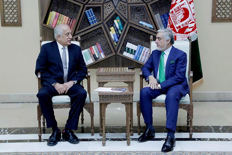 US special representative for Afghanistan, Zalmay Khalilzad (left), meets with Afghanistan Chief Executive Abdullah Abdullah in Kabul, Afghanistan September 2, 2019. Photo: Afghan Chief Executive office/Handout via Reuters