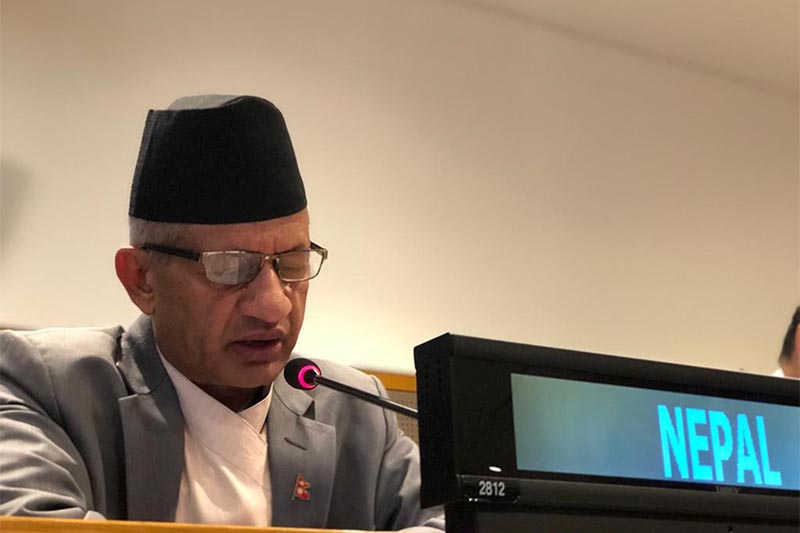 Minister for Foreign Affairs Pradeep Kumar Gyawali addresses the Ministerial Meeting of the Non-Aligned Movement on the sidelines of 74th session of the United Nations General Assembly, in New York, USA, on Thursday, September 26, 2019. Photo: RSS