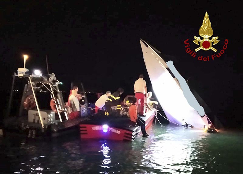 This image provided by firefighters shows the wreckage of a racing boat that allegedly smashed into a dam at the entrance of the Venice laguna, Italy, late Tuesday on Sept. 17, 2019.  Photo: AP