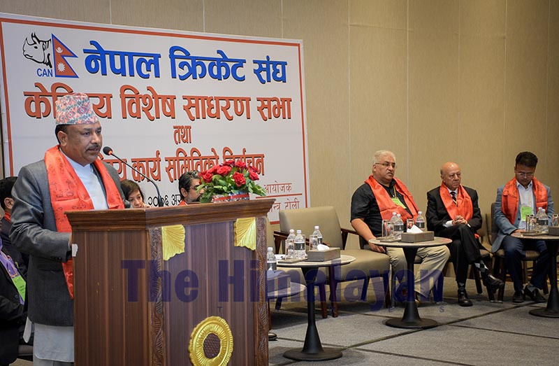 Youth and Sports Minister Jagat Bahadur Sunar speaks during the opening ceremony of the extraordinary elective general assembly of CAN in Kathmandu on Friday, September 27, 2019. Photo: Naresh Krishna Shrestha/THT