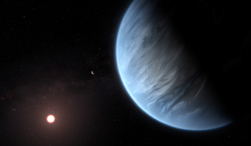 An artist's impression released by NASA on September 11, 2019 shows the planet K2-18b, its host star and an accompanying planet. Photo Courtesy ESA/Hubble/M. Kornmesser/NASA Handout via Reuters