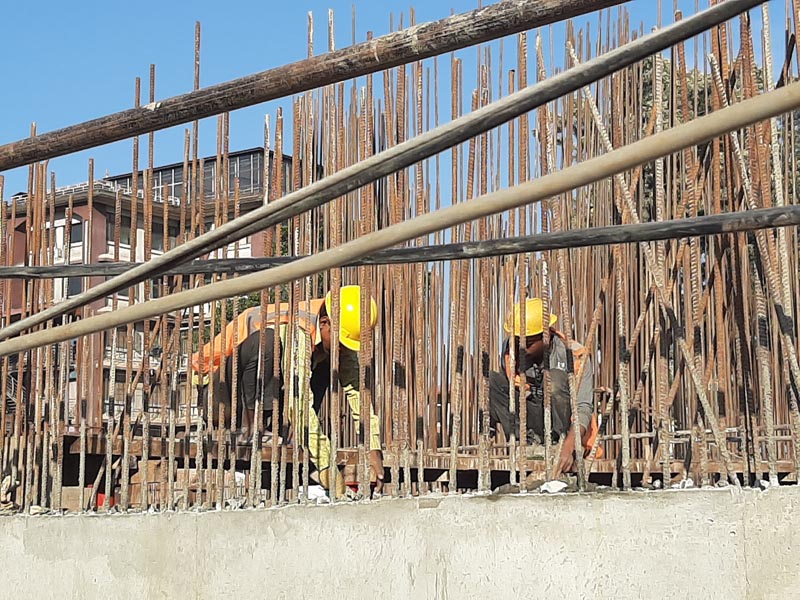 Construction workers at the Dharahara reconstruction site, in Kathmandu, as seen on Tuesday, October 22, 2019. Photo: Nishant Pokhrel/THT Online