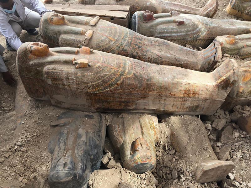 This photo provided by the Egyptian Ministry of Antiquities shows recently discovered ancient colored coffins with inscriptions and paintings, in the southern city of Luxor, Egypt, Tuesday, Oct 15, 2019. Photo: Egyptian Ministry of Antiquities via AP