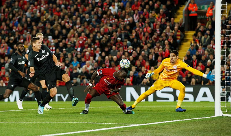 Liverpool's Sadio Mane misses a chance to score during the Champions League Group E match between Liverpool and FC Salzburg, at Anfield, in Liverpool, Britain, on October 2, 2019. Photo: Reuters
