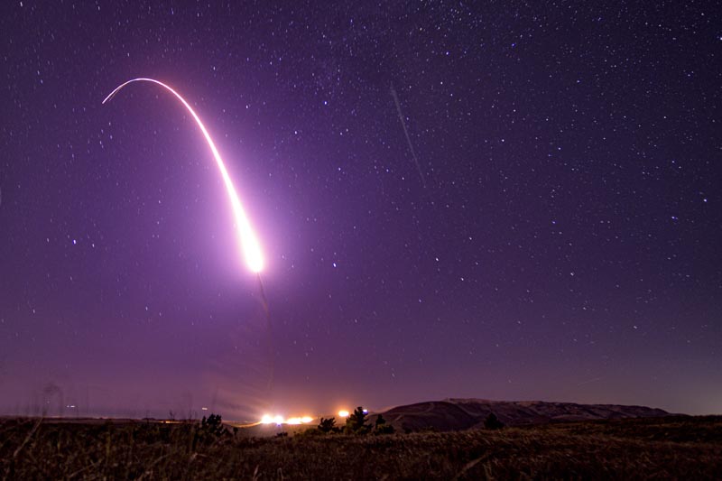 This image taken with a slow shutter speed and provided by the US Air Force shows an unarmed Minuteman III intercontinental ballistic missile test launch early Tuesday, October 2, 2019, at Vandenberg Air Force Base, California. Photo: Staff Sgt JT Armstrong/US Air Force via AP